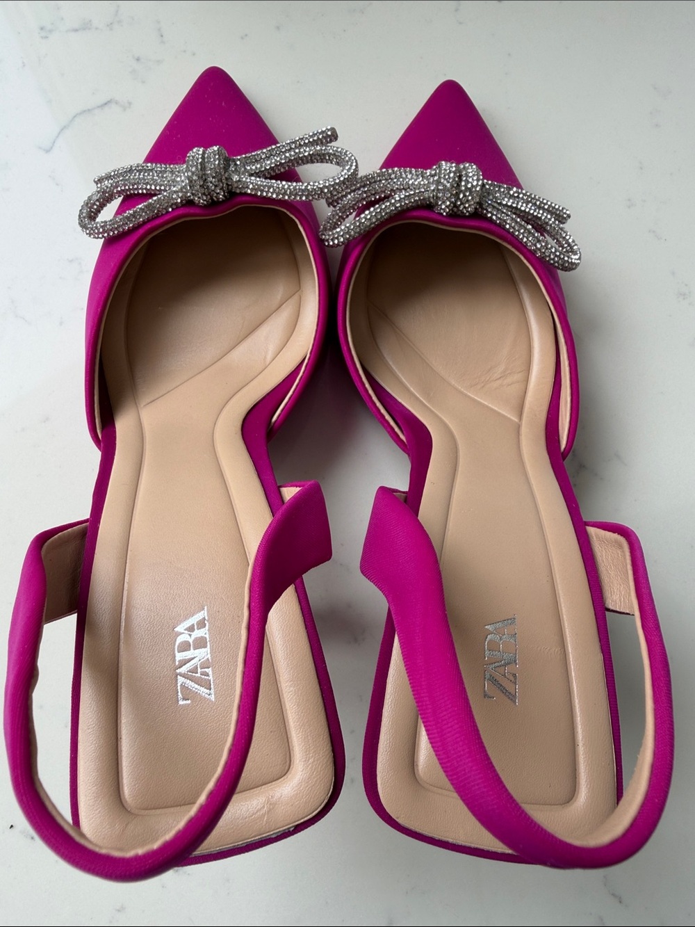 Zara Fuchsia Slingback Pointed Toe Heels with Crystal Bow size 11 - Picture 11 of 11